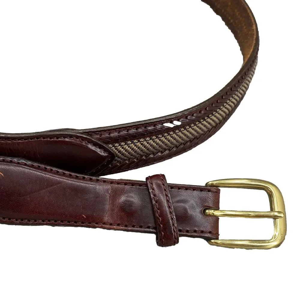 Brighton Leather Camden Canvas Belt Men Brown Size 42 Knit Brass Buckle Corpcore